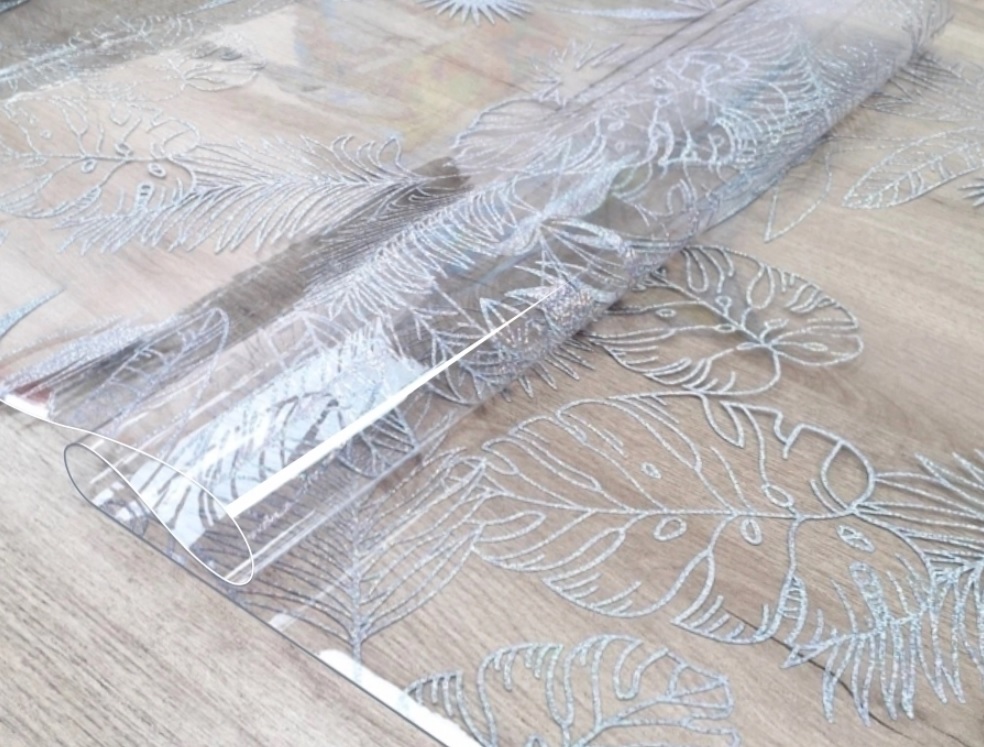 Клеёнка без основы "термо" гладкая "Листья белые" шир.0,6м,толщ.0,65мм GW-52252"ТермоКлеёнка"*20