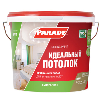 Краска акриловая 5 л для потолков PARADE W1, супербелая база А, глубокоматовая