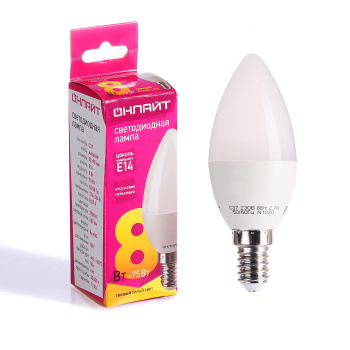Лампа светодиодная ОНЛАЙТ, Е14, свеча C37, 8 Вт, 2700 К, теплый белый